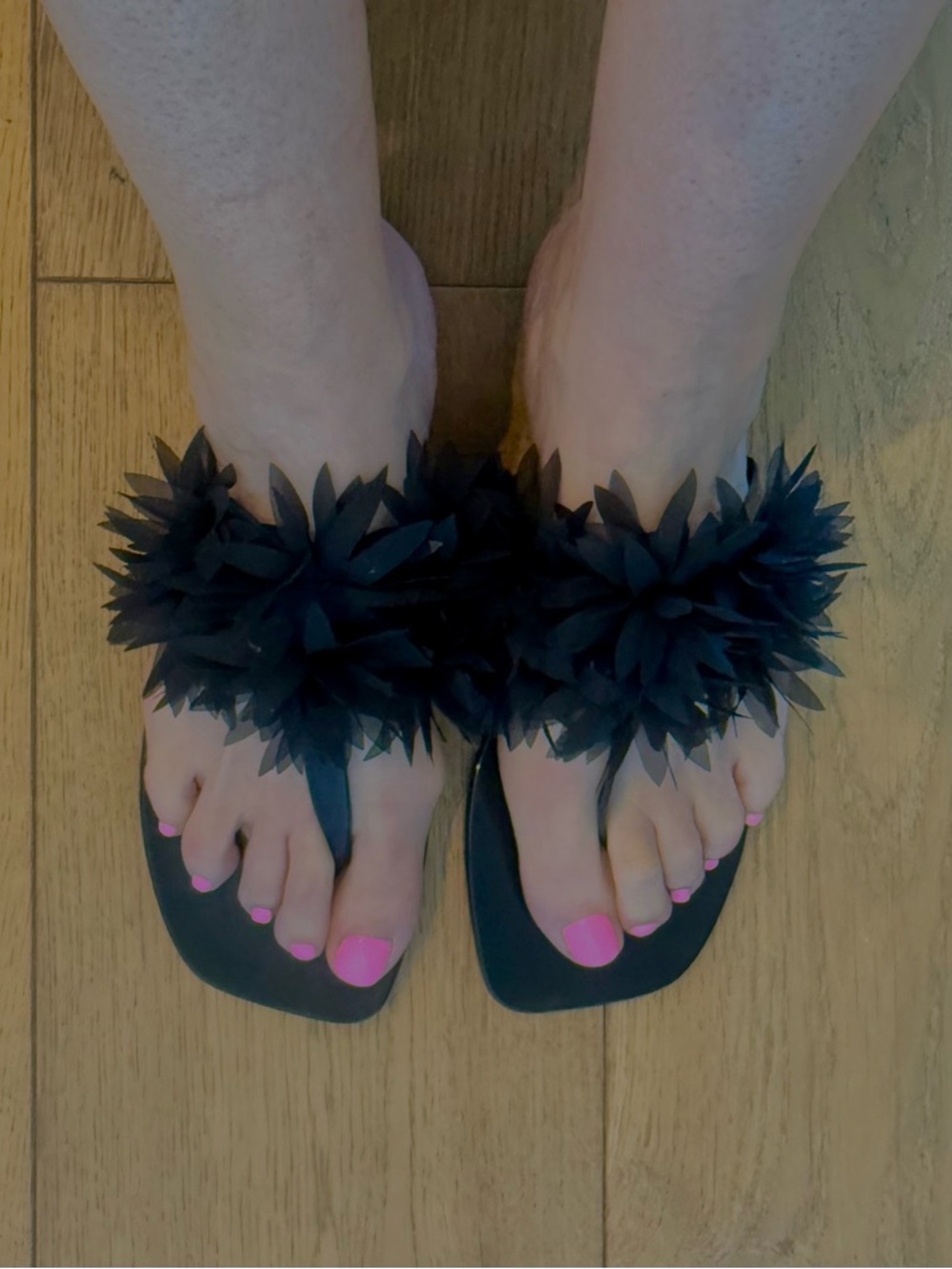 Jeffrey Campbell Black Floral Pom Slide Sandals with Square Toe